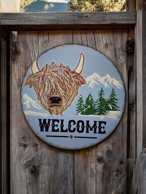 Handpainted Highland Cow Welcome Sign 12"